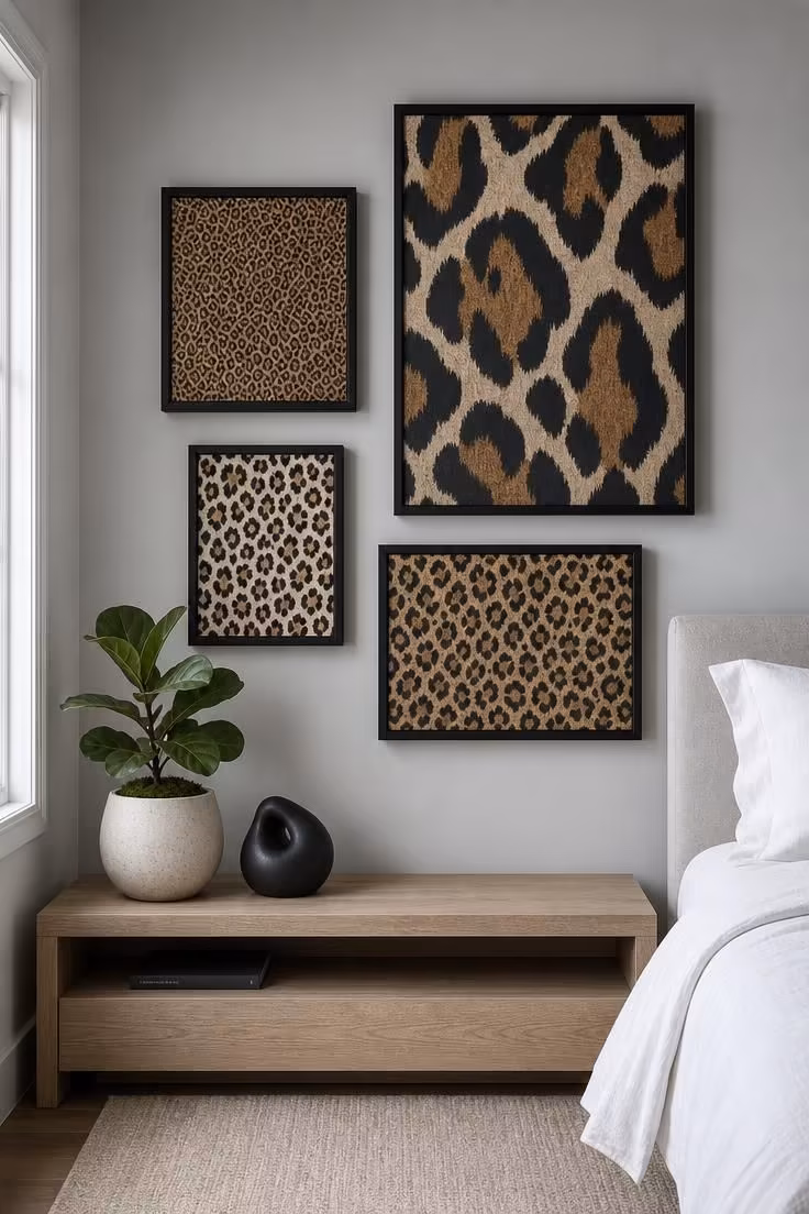 10 Chic Leopard Print Bedroom Ideas You Can Easily Copy 10 Four framed leopard print fabric panels in matte black frames arranged as a gallery wall above a white oak console with ceramic planter