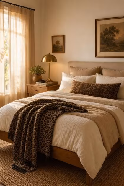 10 Chic Leopard Print Bedroom Ideas You Can Easily Copy Cozy bedroom with a leopard print throw on layered cream bedding, brass lamp, natural wood nightstand, and warm afternoon light through sheer curtains