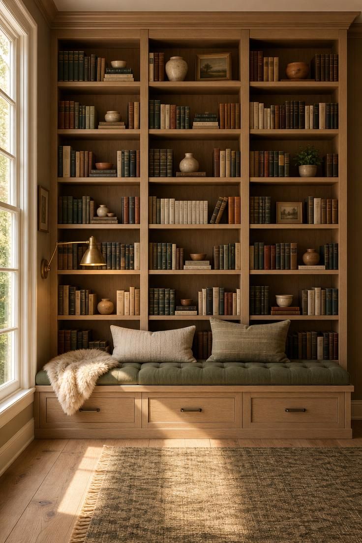 Floor-to-ceiling white oak bookwall with a tufted sage linen bench and brass swing-arm sconce in warm golden afternoon light