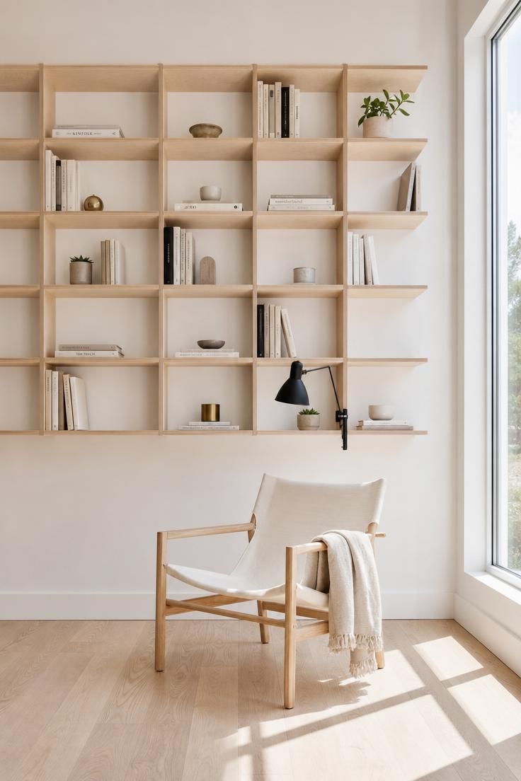 Pale birch floating shelves in a grid pattern above a low canvas sling chair in bright midday sunlight
