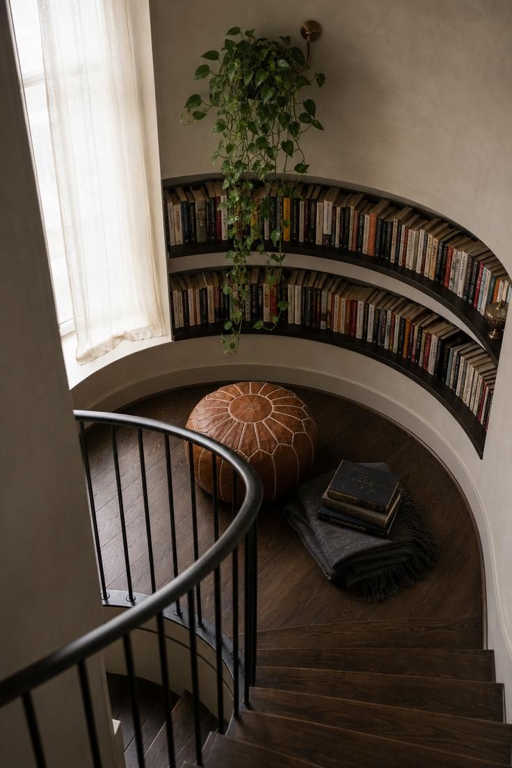 Spiral staircase landing with iron railing, cognac leather pouf, and curved bookshelves in soft diffused light