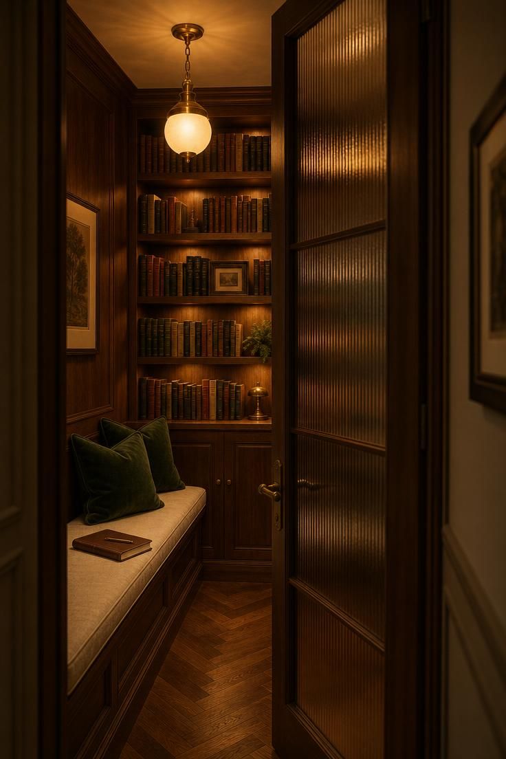 Walnut-paneled reading cabinet with ribbed glass French door, oatmeal linen bench, and brass pendant in warm golden light