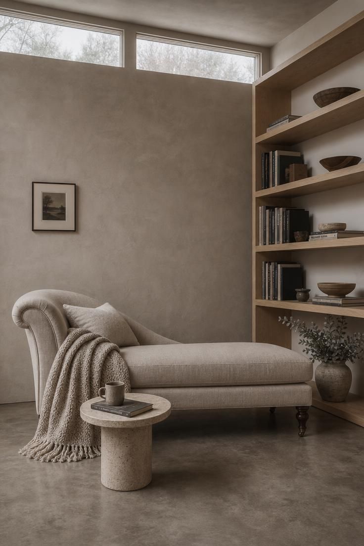 Mushroom-toned plaster walls with a wool-draped linen reading chaise and maple shelving in cool overcast light