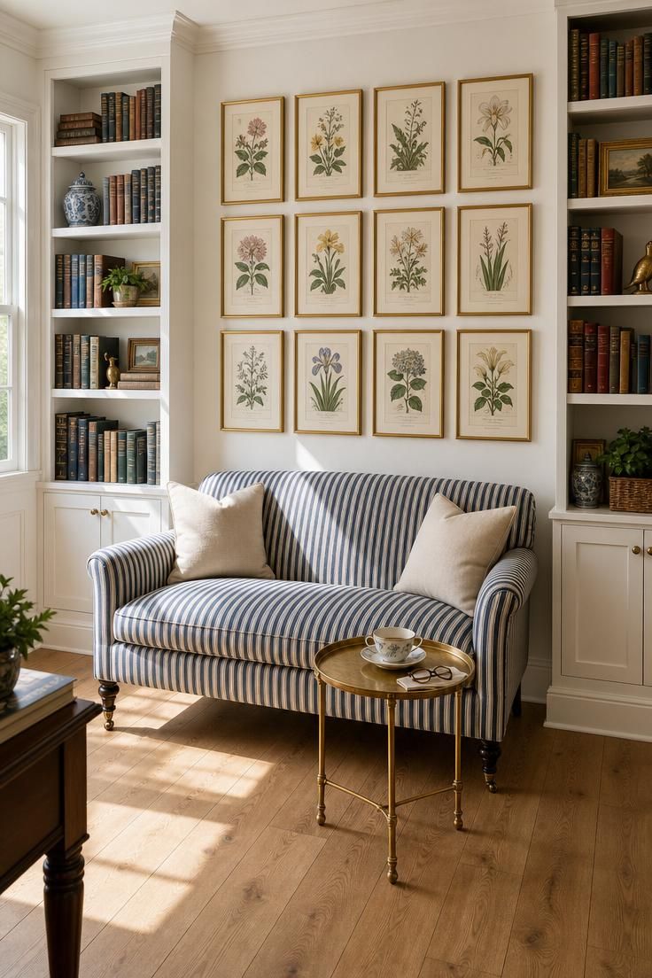 Gallery wall of framed botanical book plates above a navy ticking-stripe settee with flanking white bookshelves in bright midday light