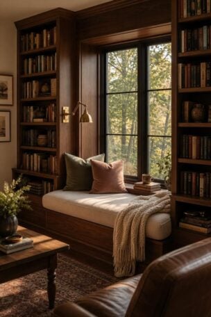 A cozy library reading nook with a built-in window seat, walnut bookshelves, warm afternoon light, and a cream knit throw