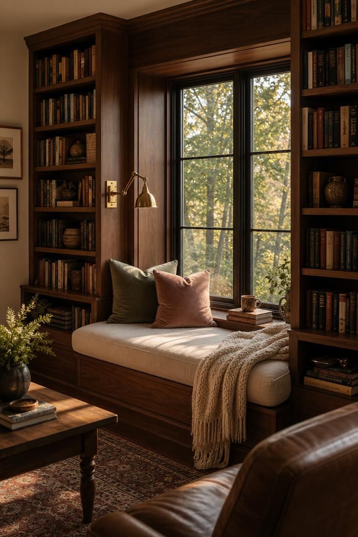 Simple Spaces 14 A cozy library reading nook with a built-in window seat, walnut bookshelves, warm afternoon light, and a cream knit throw