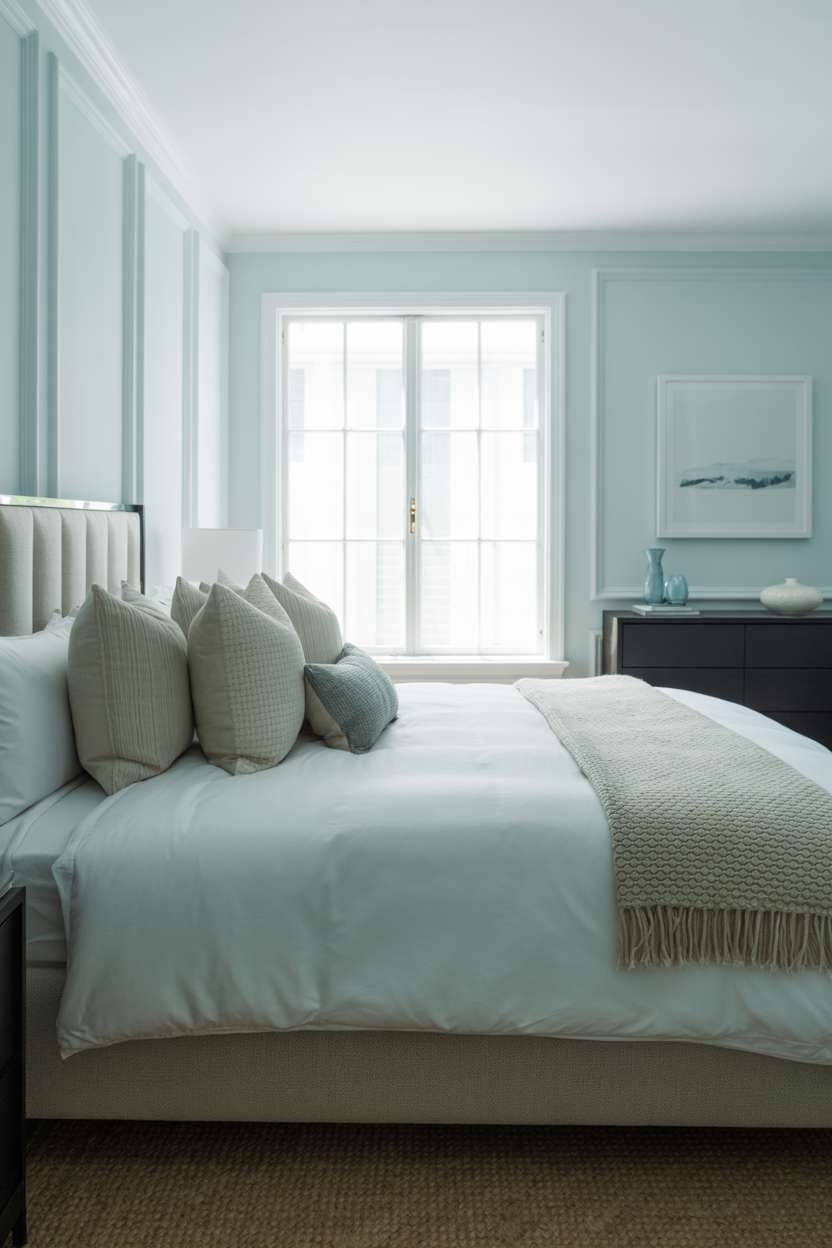 Light blue master bedroom with king bed, white linens, dark wood headboard, and large window with natural light