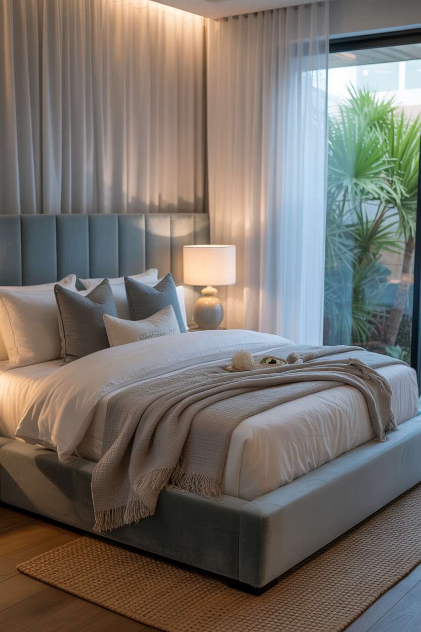 Master bedroom featuring light blue upholstered headboard, white bedding, and sheer curtains framing garden view