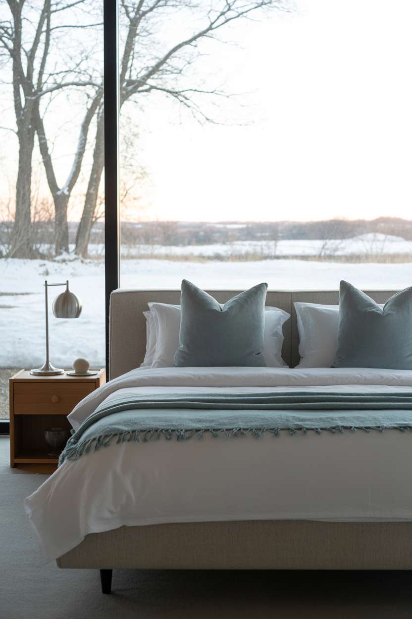 Spacious bedroom with platform bed, white linens, light blue throw, and snow-covered landscape view