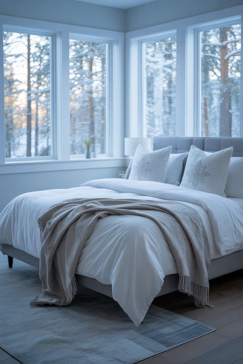 Light blue bedroom with king bed, white linens, grey throw, and pine forest view through large windows