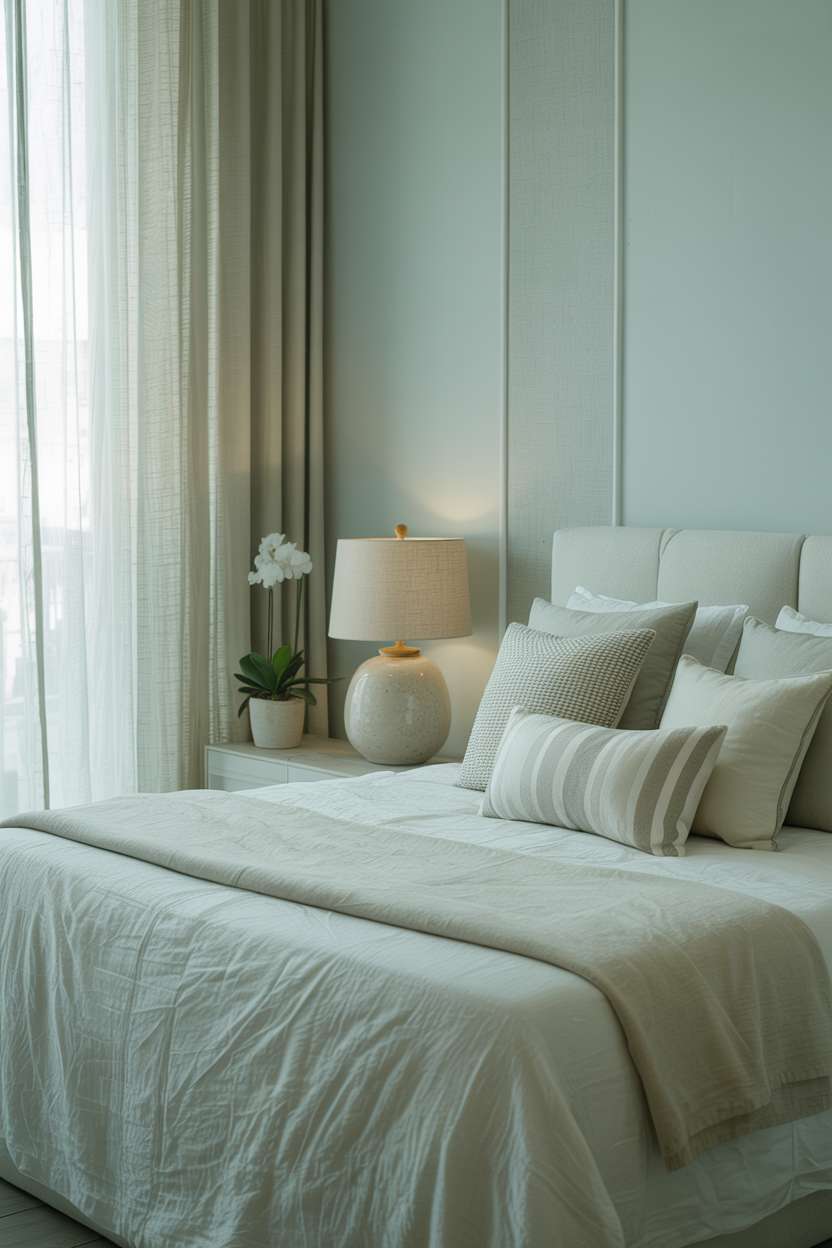 Light blue bedroom with king bed, white linens, cream and gray pillows, and sheer curtains with orchid accent