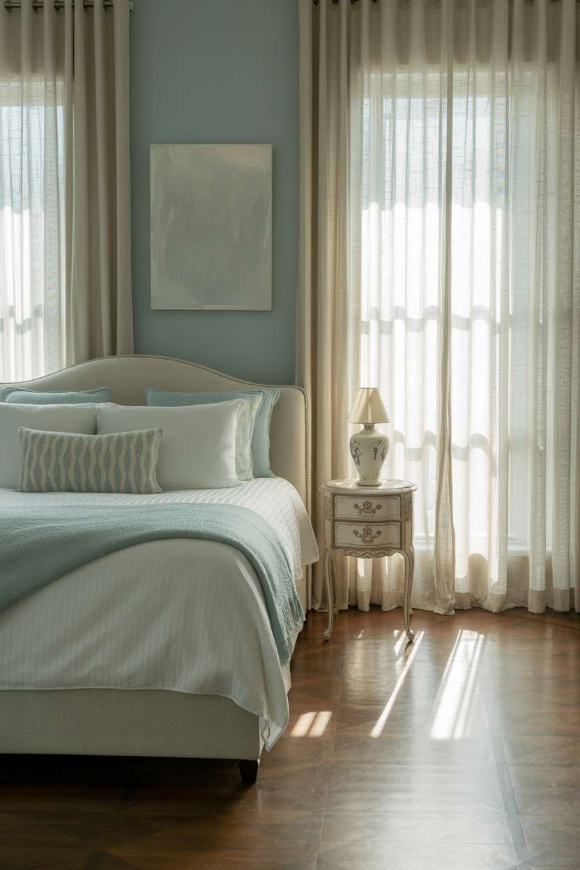 Light blue bedroom with white linens, textured throw, antique nightstand, and abstract art on gray wall