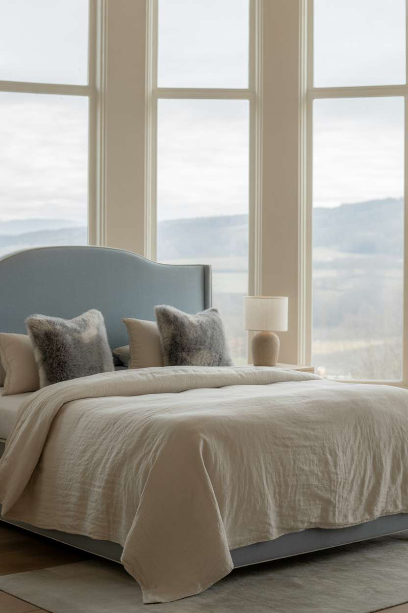 Master bedroom with light blue upholstered headboard, white linens, gray pillows, and rolling hills view
