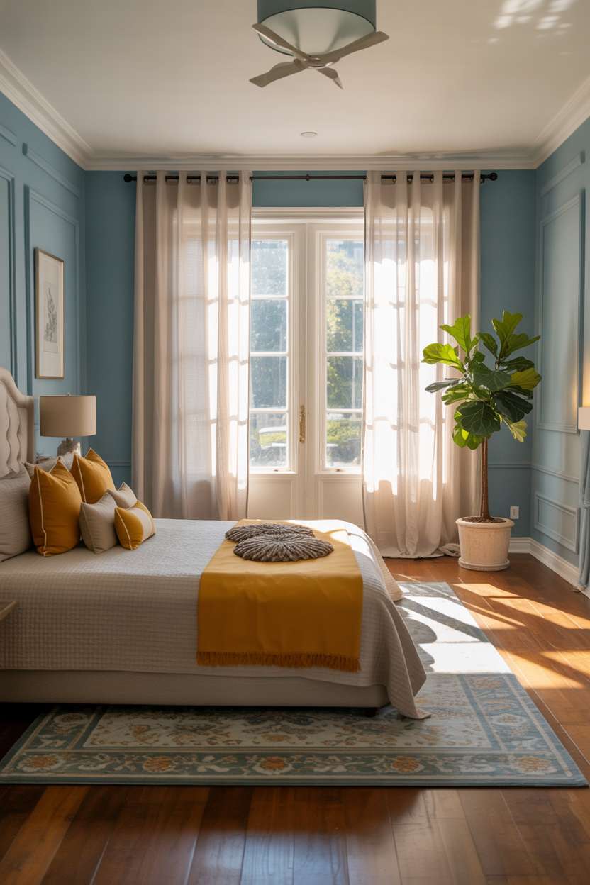 Light blue bedroom with yellow accent pillows, decorative rug, and fiddle leaf fig tree in corner