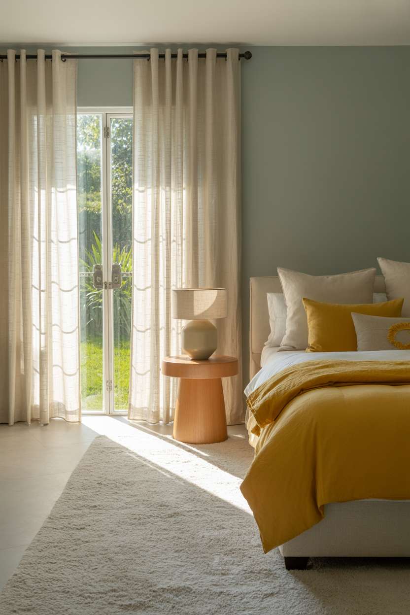 Light blue bedroom with muted walls, yellow bedding accents, ivory rug, and garden view through sheer curtains
