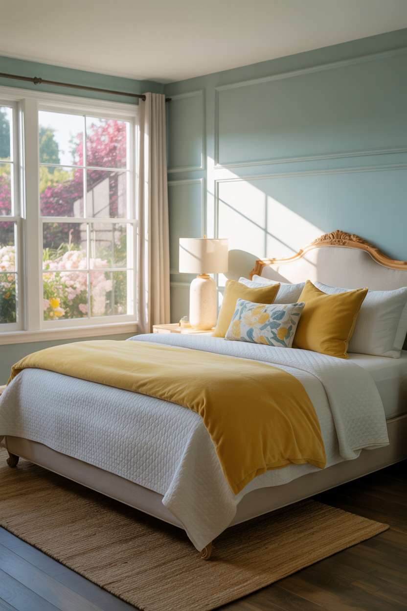 Light blue bedroom with wooden headboard, yellow accent bedding, and blooming garden view