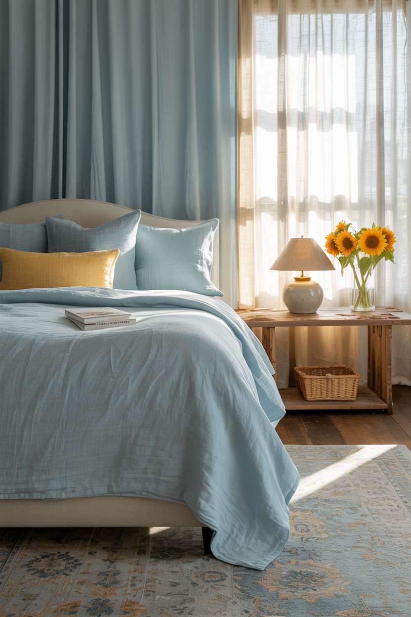 Light blue bedroom with linen bedding, blue and yellow textured pillows, wooden nightstand, and fresh sunflowers