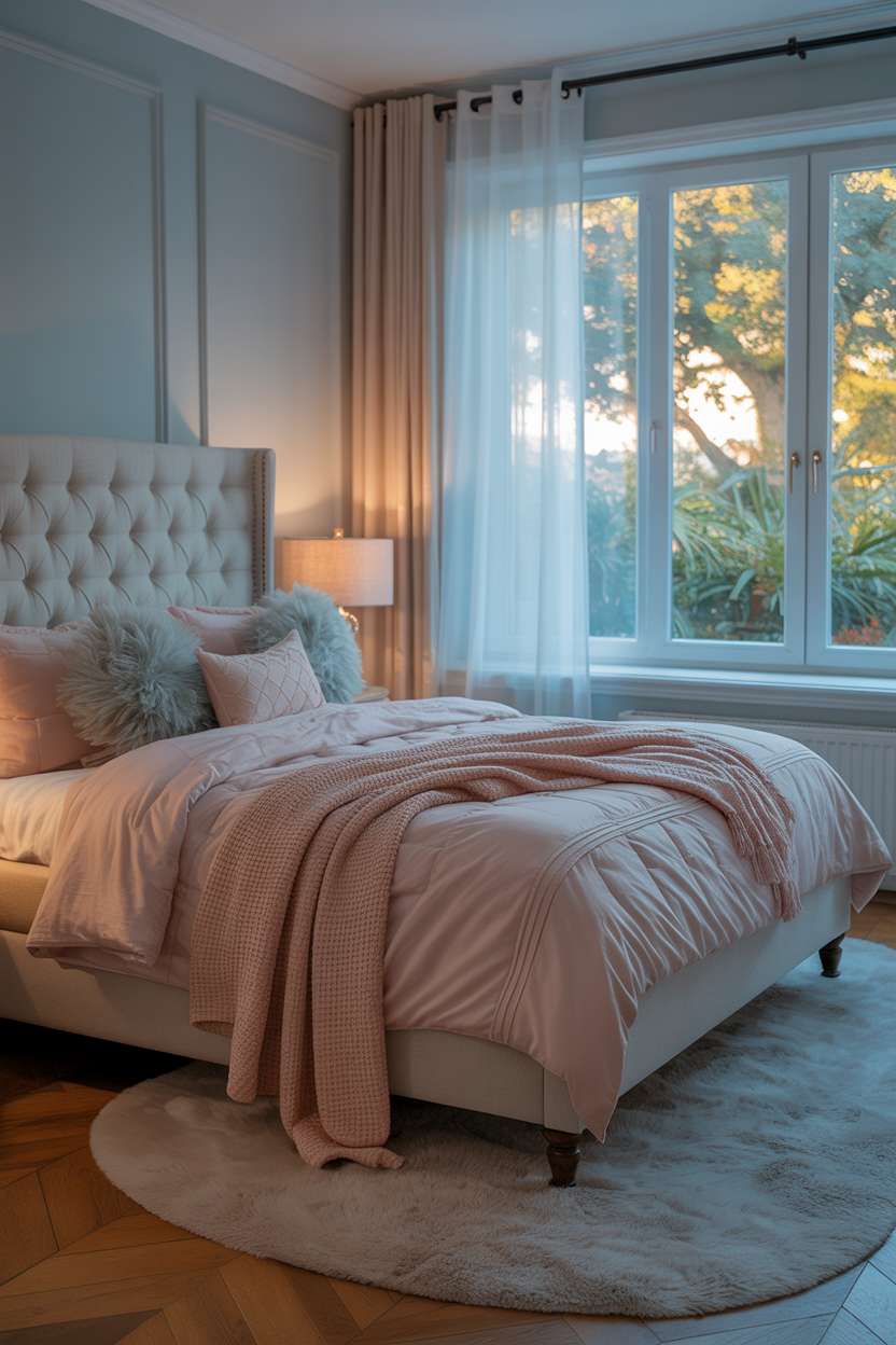 Light blue and pink bedroom with tufted headboard, fluffy pillows, pink throw blanket, and garden view