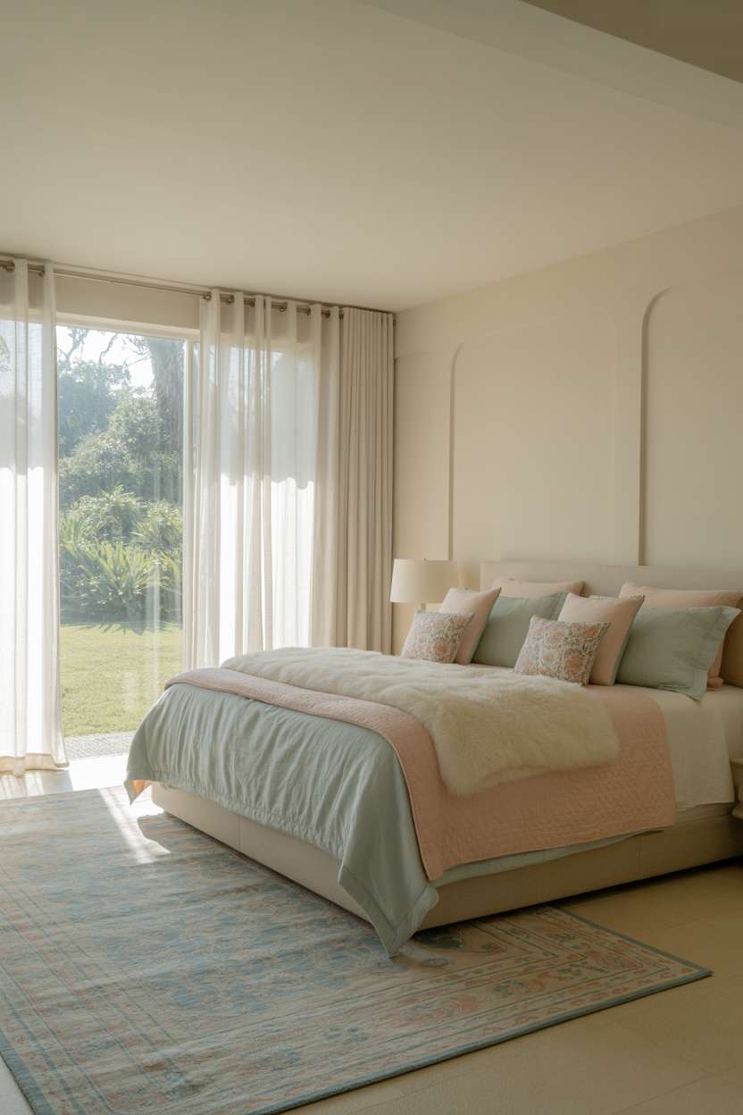 Light blue and blush pink bedroom with patterned rug, white throw, and peaceful garden view
