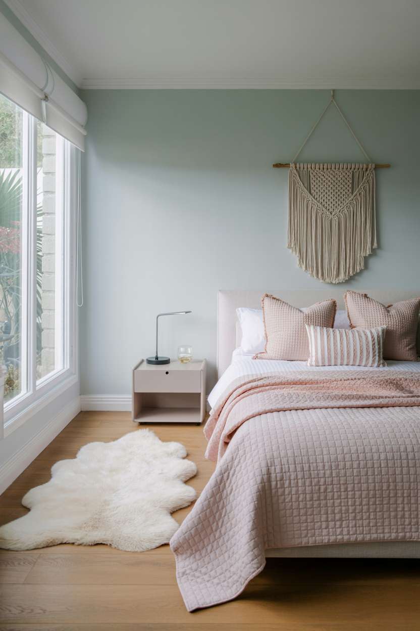 Light blue bedroom with blush pink bedding, macrame wall hanging, sheepskin rug, and modern nightstand