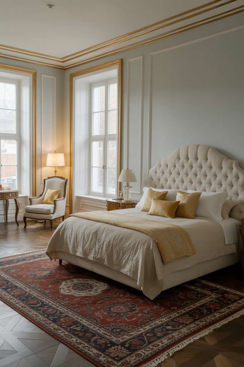 Light blue bedroom with gold trim, tufted headboard, Persian rug, antique vanity, and armchair