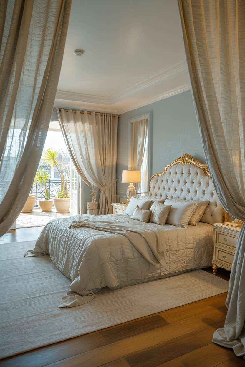 Light blue bedroom with gold-trimmed tufted headboard, cream linens, gold accents, and balcony with plants