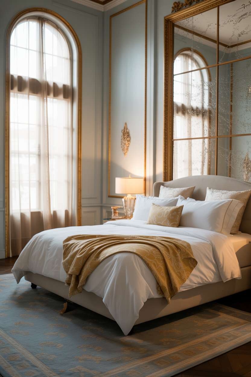 Light blue bedroom with ornate gold mirror above bed, white linens, gold-patterned throw, and diffused lighting