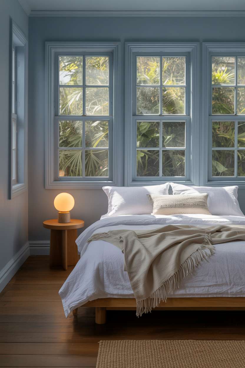 Light blue bedroom with low platform bed, white linen, wooden bedside table, ceramic lamp, and greenery view