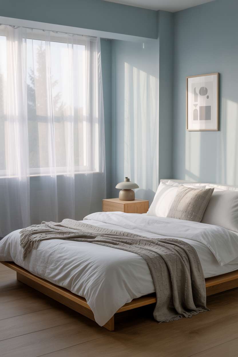 Light blue small bedroom with platform bed, white linens, gray throw, and billowing sheer curtains
