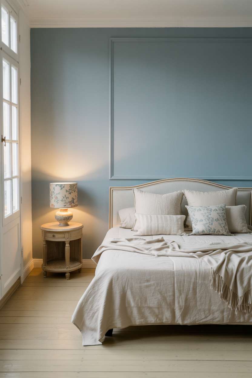 Light blue bedroom with cream bed, wooden headboard, antique nightstand, and floral patterned lamp