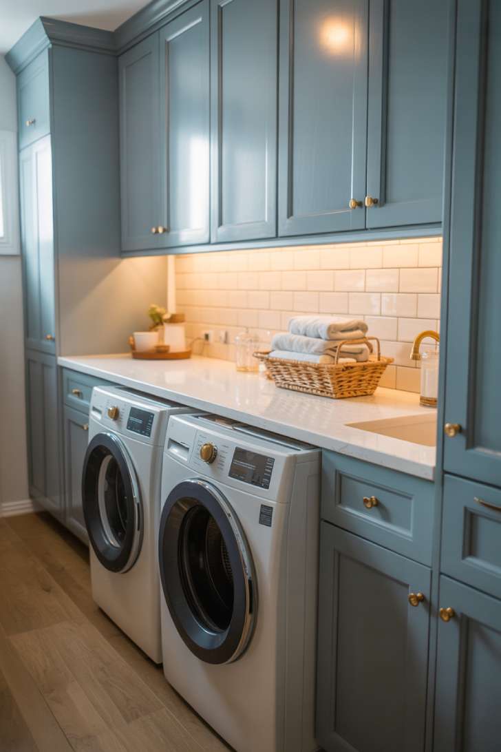 Light blue shaker cabinets with brass hardware in a bright laundry room with white quartz countertops and subway tile backsplash.