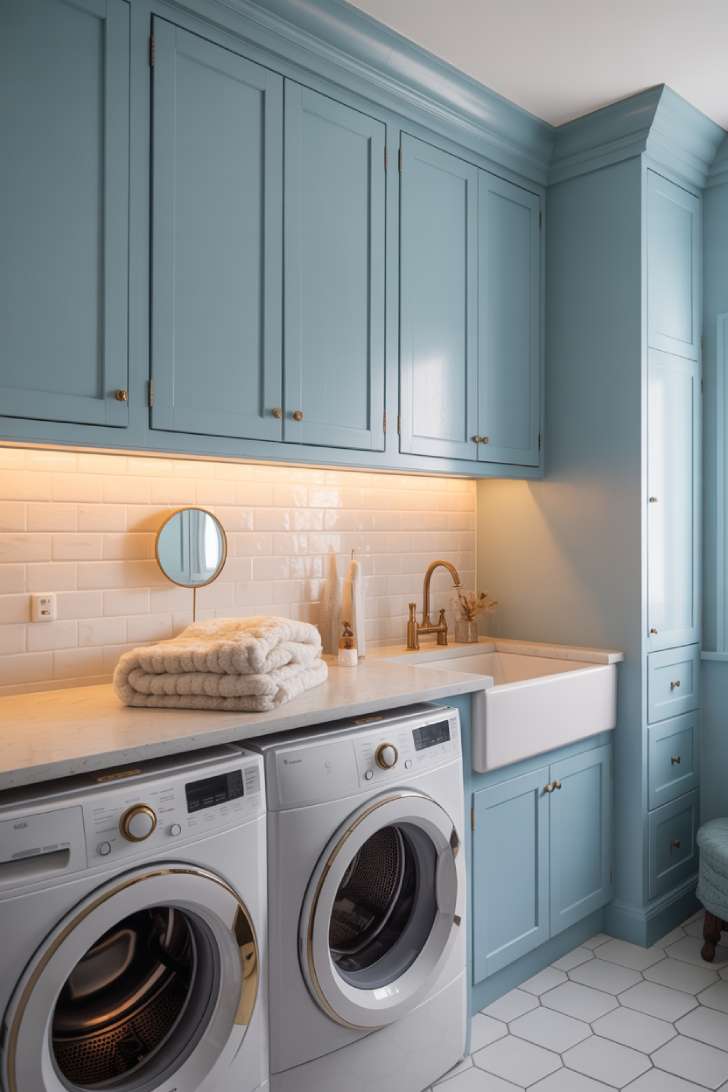 Monochromatic light blue laundry room with walls, cabinets, and ceiling painted the same shade, white quartz countertop, brass accents, and hexagon floor tile.