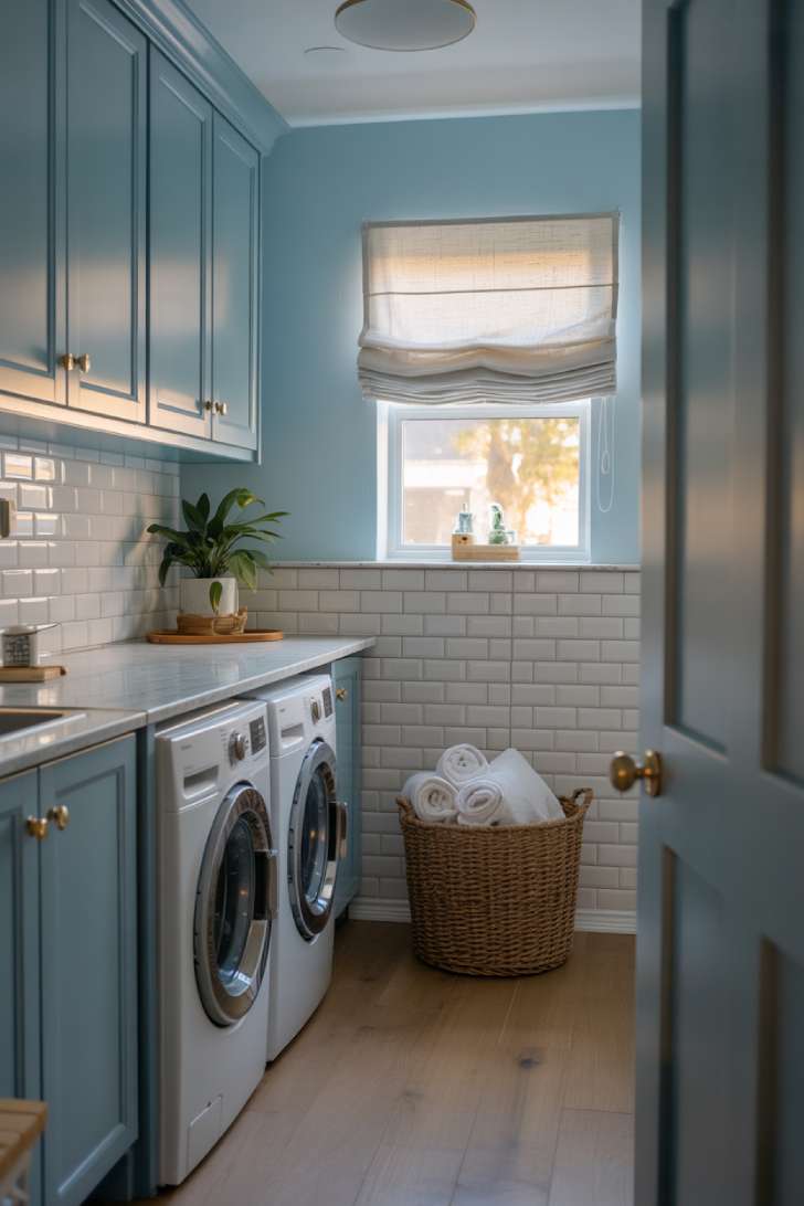A light blue laundry room