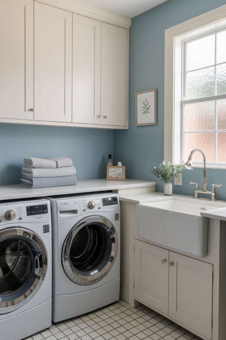 Sky blue painted walls with white shaker cabinets and a farmhouse sink in a small, airy laundry room.