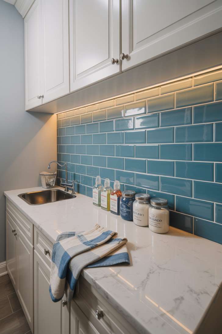 Glossy light blue subway tile backsplash with white cabinets, marble-look quartz countertops, and under-cabinet lighting in a laundry room.