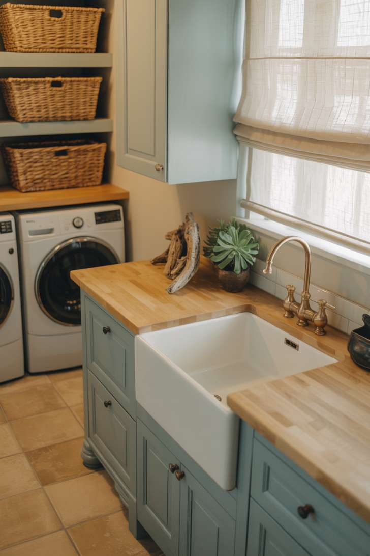 Coastal light blue laundry room with butcher block countertops, woven seagrass baskets, and a farmhouse sink with gold faucet.