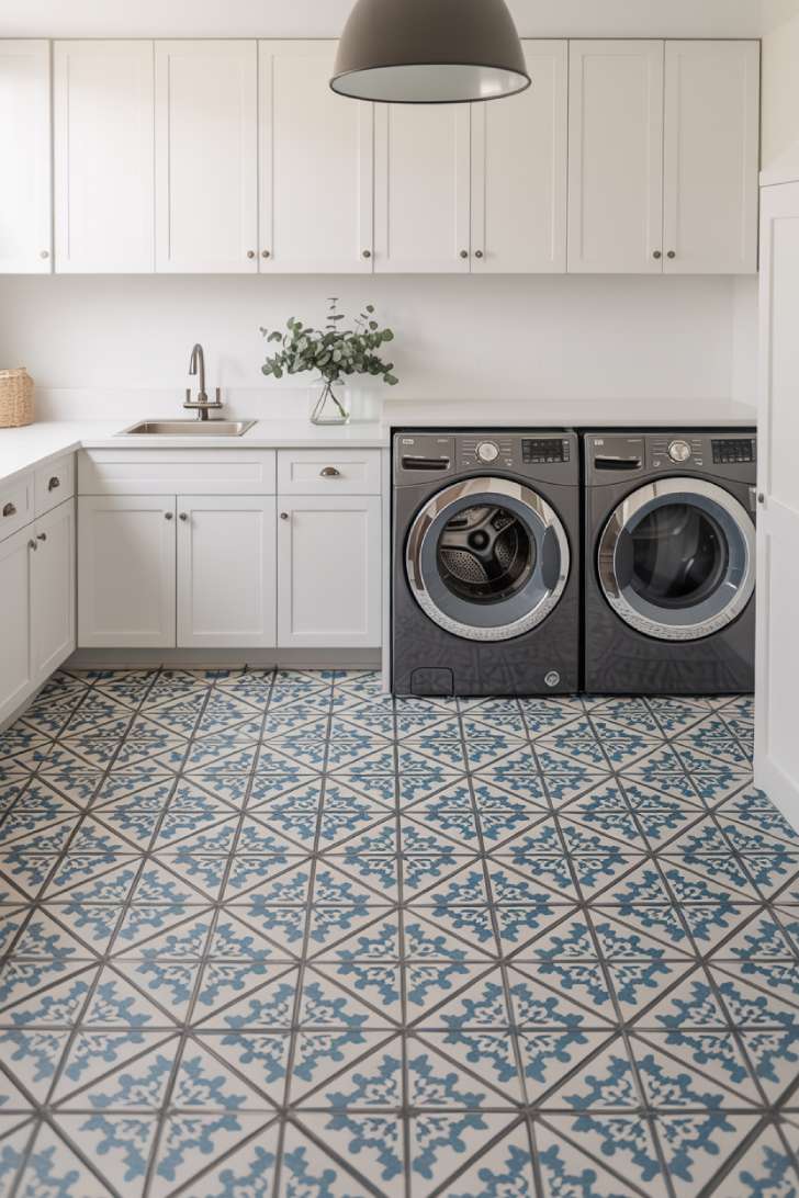 Blue-and-white patterned cement floor tile in a laundry room with white shaker cabinets, matte black hardware, and a pendant light.