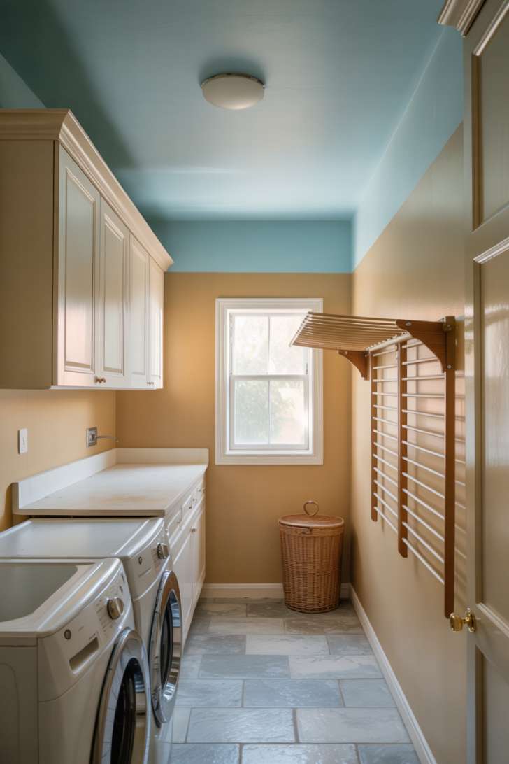 Pale blue painted ceiling in a laundry room with warm white walls, white cabinets, chrome hardware, and a wall-mounted drying rack.