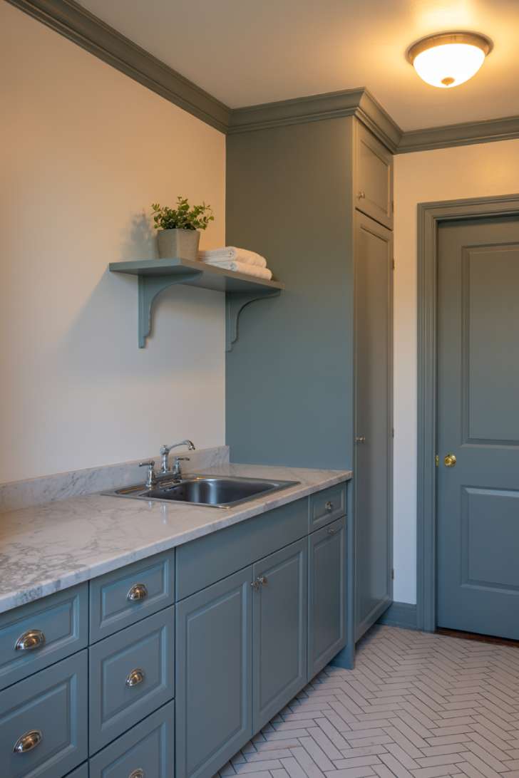 Light blue cabinets with a white marble countertop, polished nickel hardware, and a herringbone tile floor in a refined laundry room.