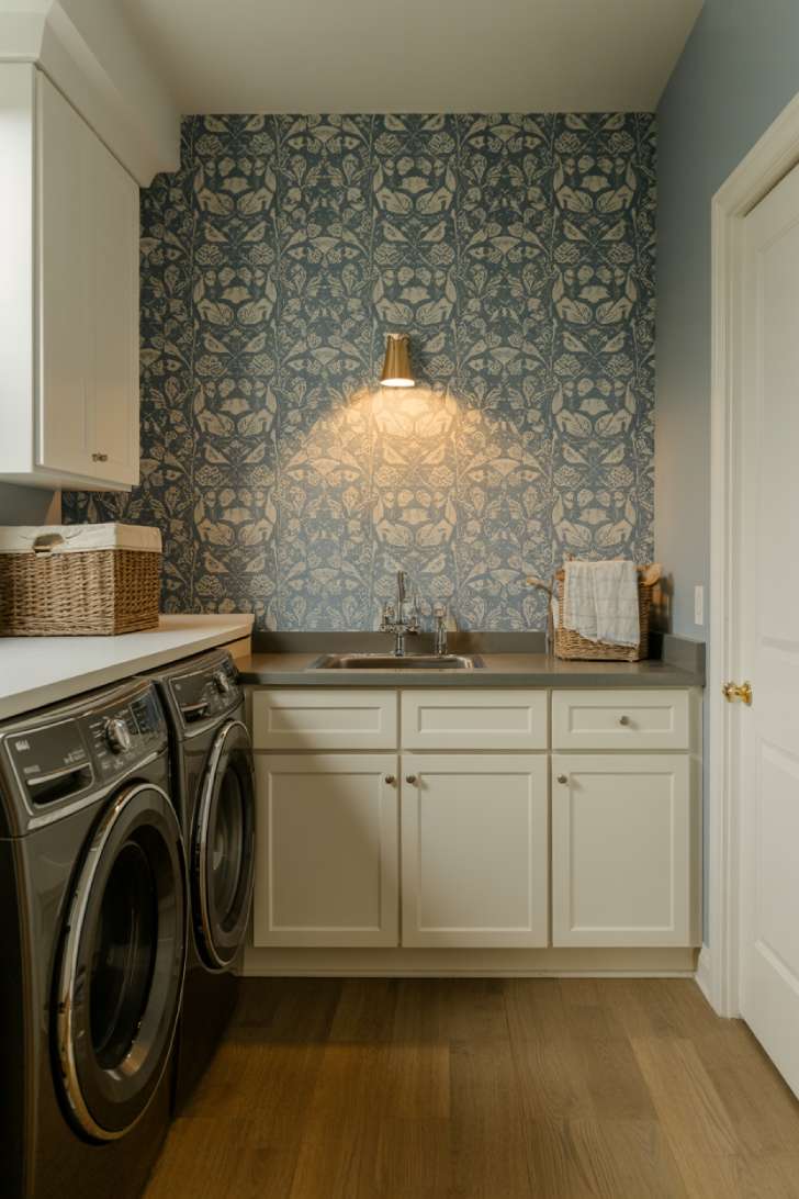 Blue-and-white botanical wallpaper accent wall in a laundry room with white cabinets, gray quartz countertop, and warm brass sconce lighting.