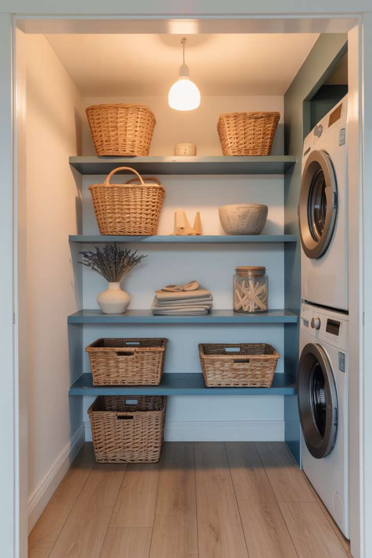 Light blue painted open shelves with woven baskets and styled decor above a stacked washer and dryer in a compact laundry nook.