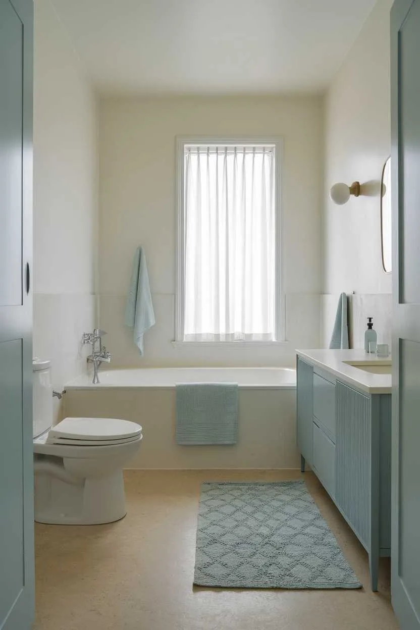 14 Light Blue Bathroom Ideas to Inspire Your Space 1 A minimalist bathroom with light blue walls, a white toilet, and a small sink.