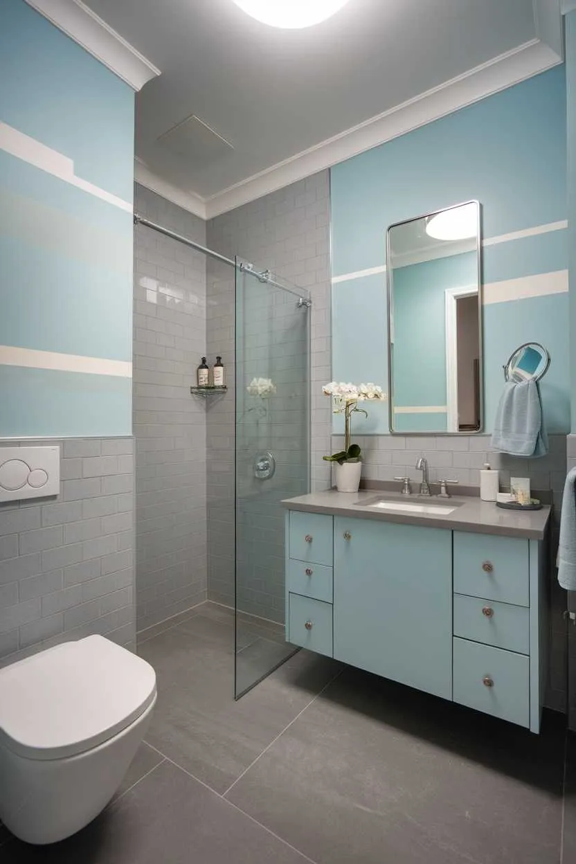 14 Light Blue Bathroom Ideas to Inspire Your Space 6 Stylish light blue and gray color blocked bathroom with modern fixtures