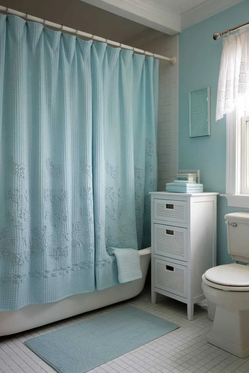 14 Light Blue Bathroom Ideas to Inspire Your Space 13 A light blue bathroom featuring a shower curtain, towels, and accessories.
