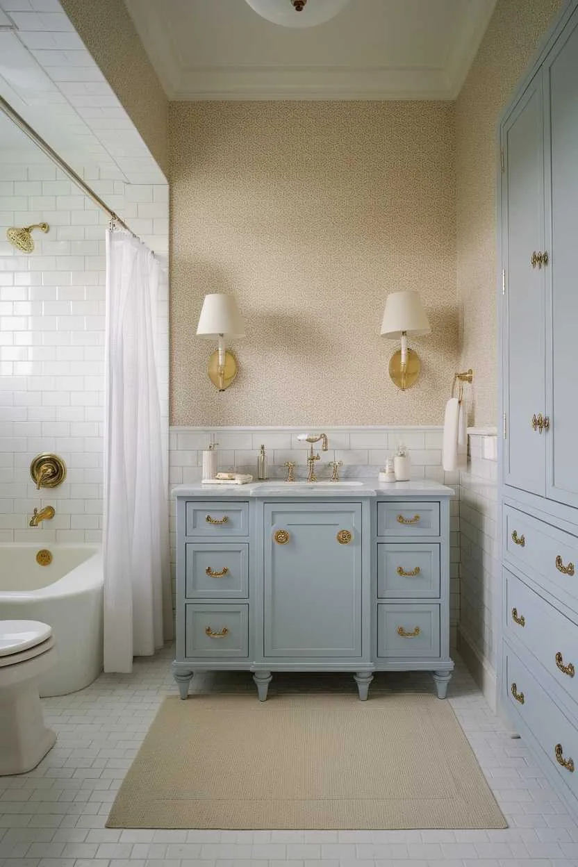14 Light Blue Bathroom Ideas to Inspire Your Space 11 A light blue bathroom featuring a stylish vanity with gold accents.