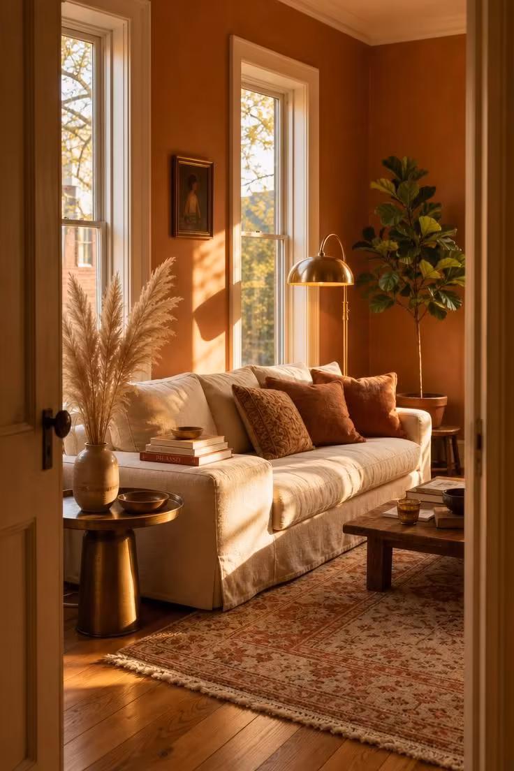 13 Living Room Color Palette Ideas That Feel Like Home 1 Living room with warm clay walls, cream linen sofa, brass accents, and golden afternoon light