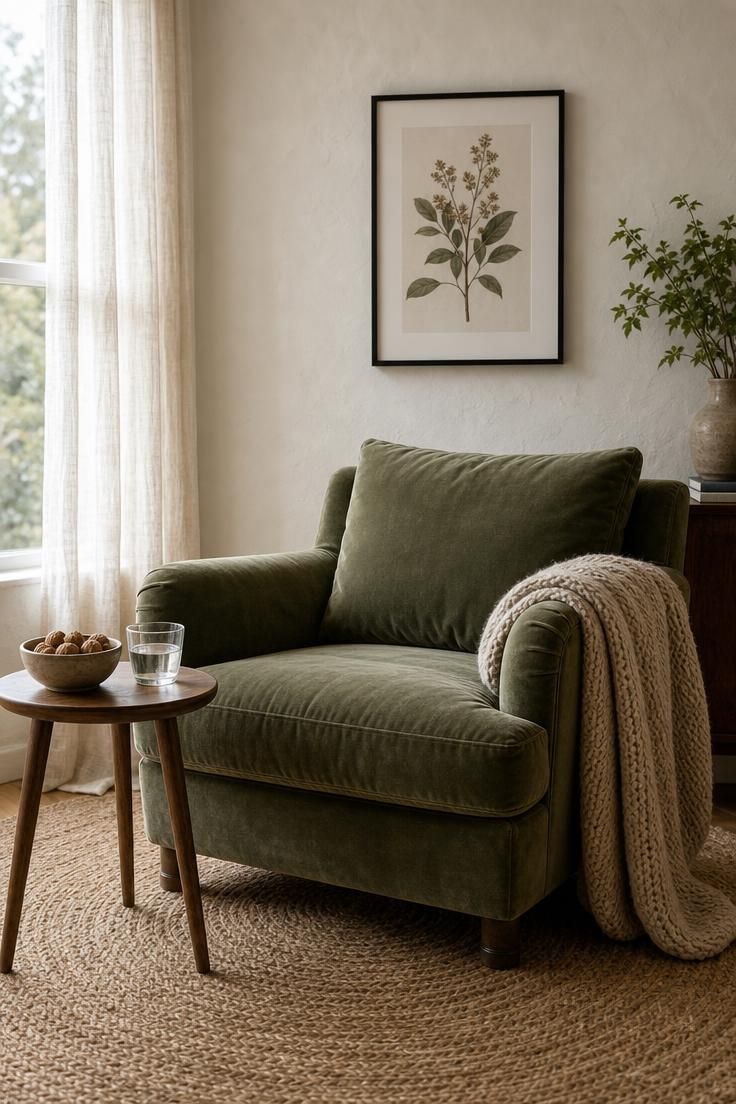 13 Living Room Color Palette Ideas That Feel Like Home 2 Sage green velvet armchair beside a wooden side table in a warm white plaster living room with soft diffused light