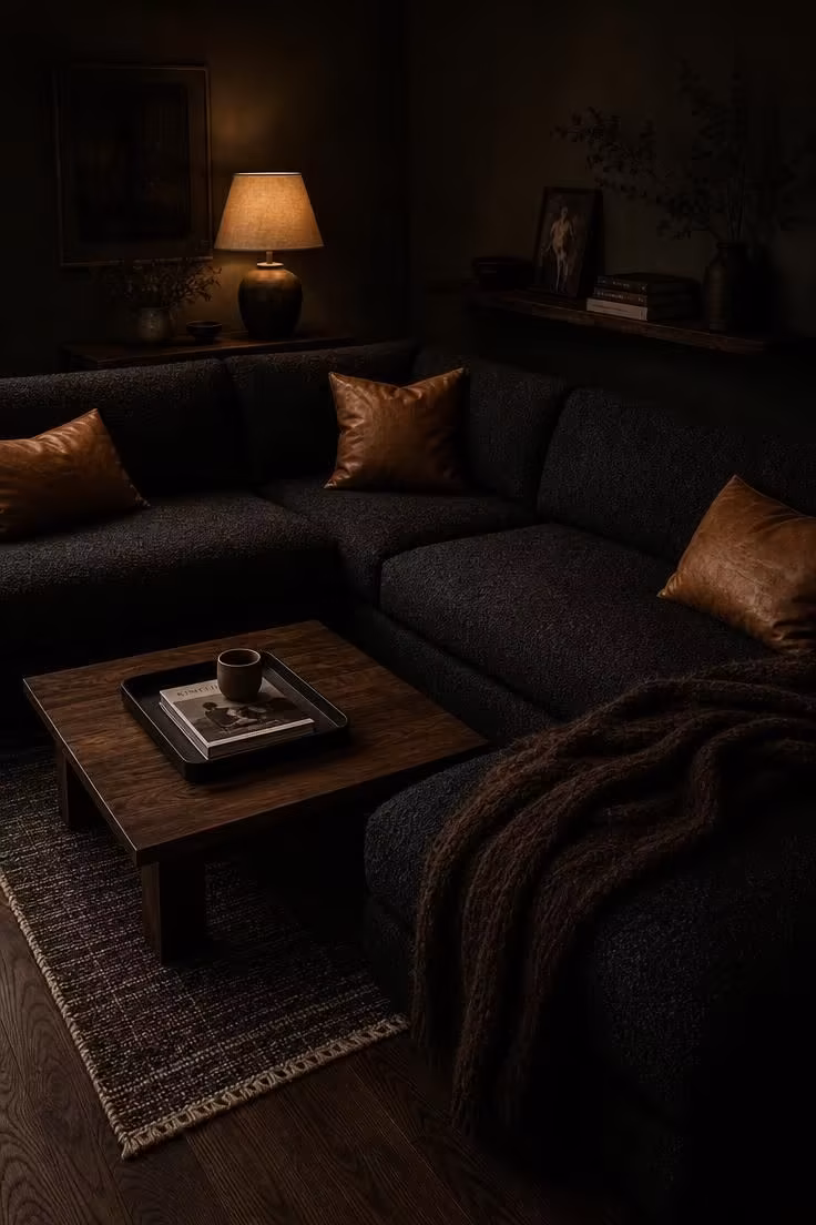 13 Living Room Color Palette Ideas That Feel Like Home 3 Charcoal bouclé sectional with camel leather pillows in a moody low-lit living room with dark olive walls