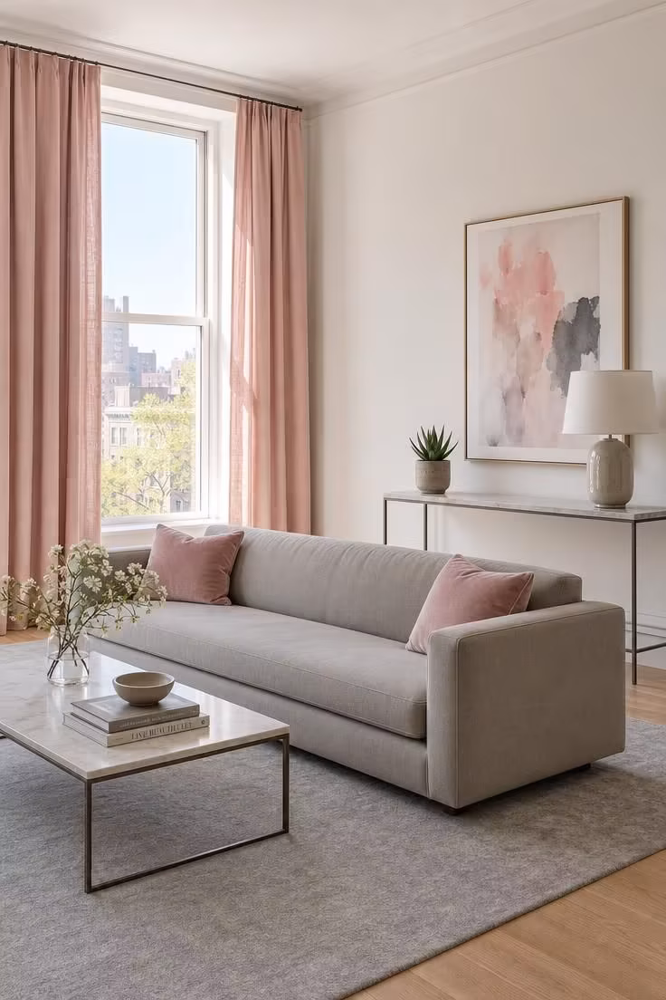 13 Living Room Color Palette Ideas That Feel Like Home 4 Living room with dusty rose linen curtains, dove gray rug, and mushroom gray sofa in bright midday light