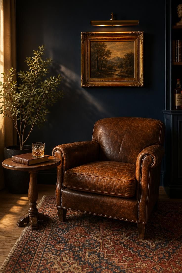 13 Living Room Color Palette Ideas That Feel Like Home 5 Cognac leather club chair against a navy blue accent wall with golden afternoon light and vintage Persian rug